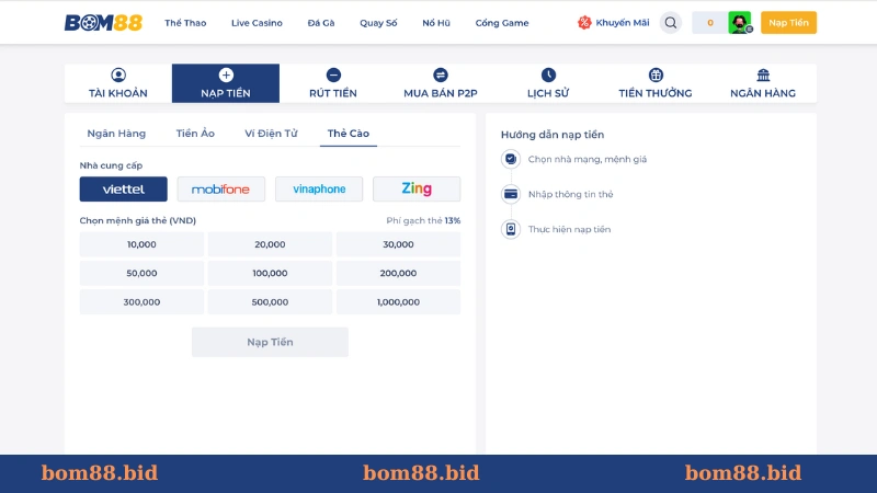 BOM88 có hỗ trợ những phương thức nạp tiền nào?