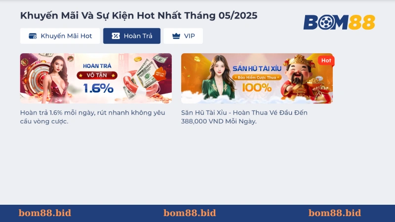 Hoàn tiền cá cược cho bet thủ tại khuyến mãi BOM88